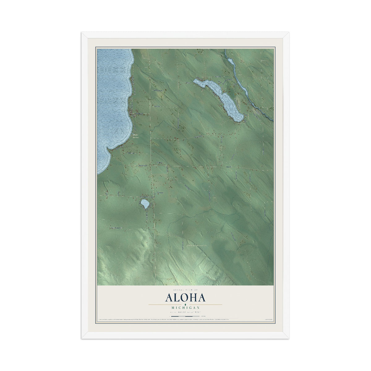 Map of Aloha, Michigan, 12 x 18 inch print in a white wood frame
