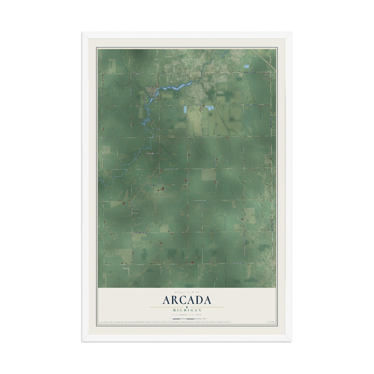 Map of Arcada, Michigan, 12 x 18 inch print in a white wood frame