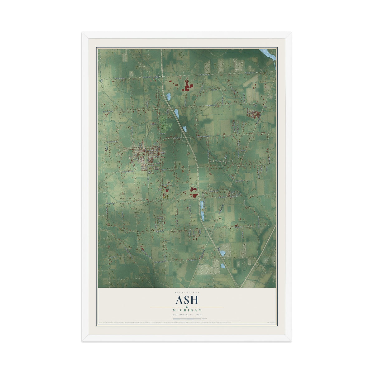 Map of Ash, Michigan, 12 x 18 inch print in a white wood frame