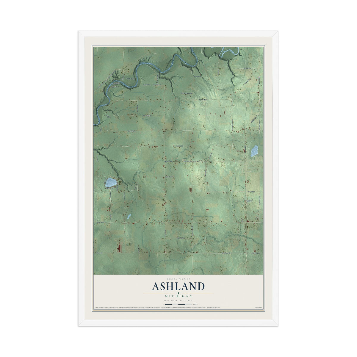 Map of Ashland, Michigan, 12 x 18 inch print in a white wood frame