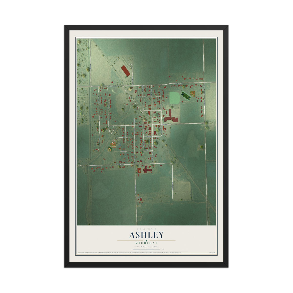 Map of Ashley, Michigan, 12 x 18 inch print in a black wood frame