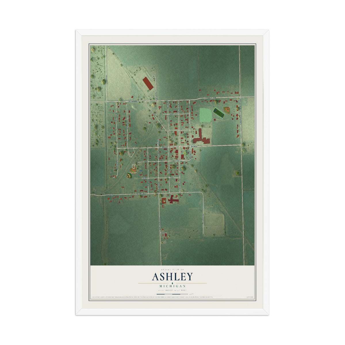 Map of Ashley, Michigan, 12 x 18 inch print in a white wood frame