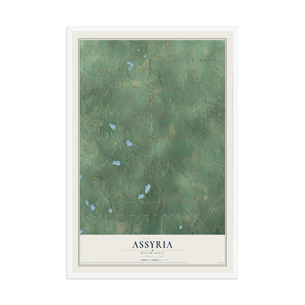 Map of Assyria, Michigan, 12 x 18 inch print in a white wood frame