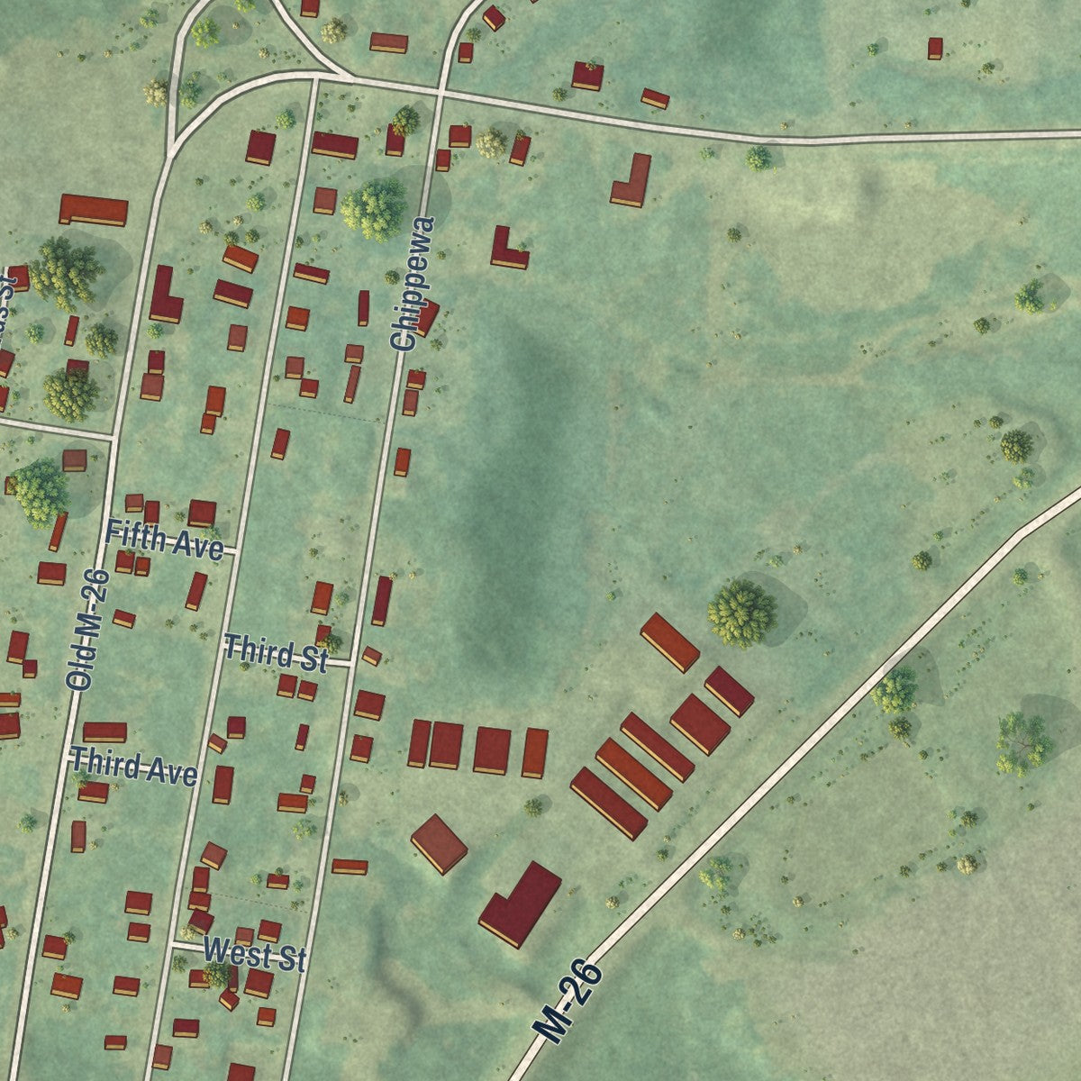 Close-up of the map of Atlantic Mine, Michigan print showing street and building detail