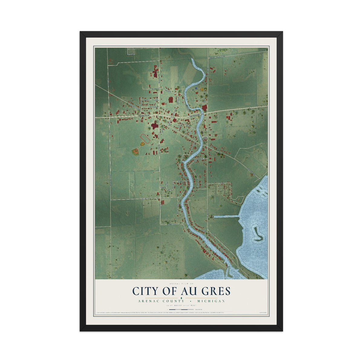 Map of Au Gres, Michigan, 12 x 18 inch print in a black wood frame
