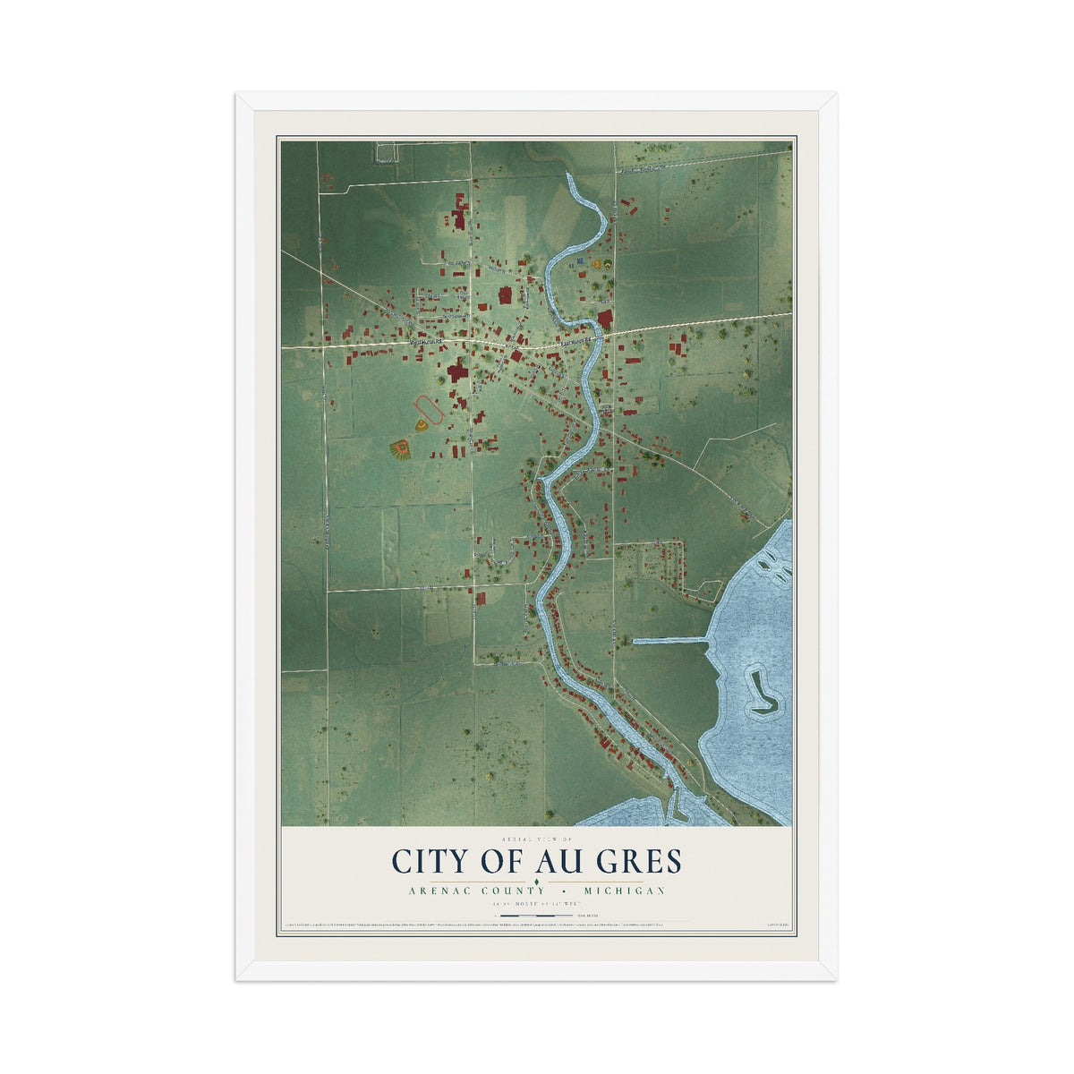 Map of Au Gres, Michigan, 12 x 18 inch print in a white wood frame