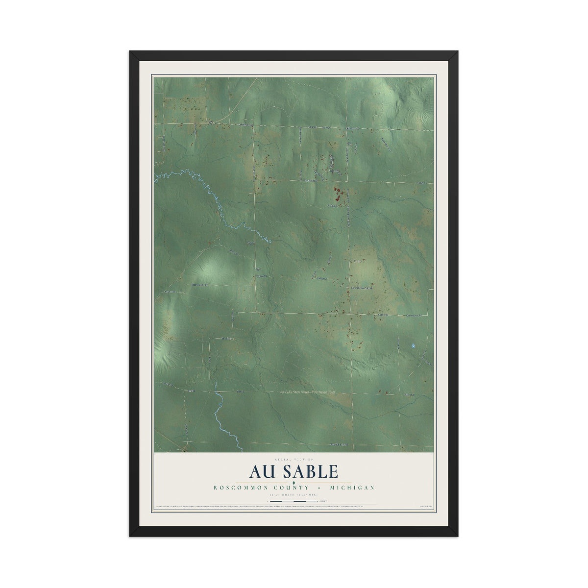 Map of Au Sable, Roscommon County, Michigan, 12 x 18 inch print in a black wood frame