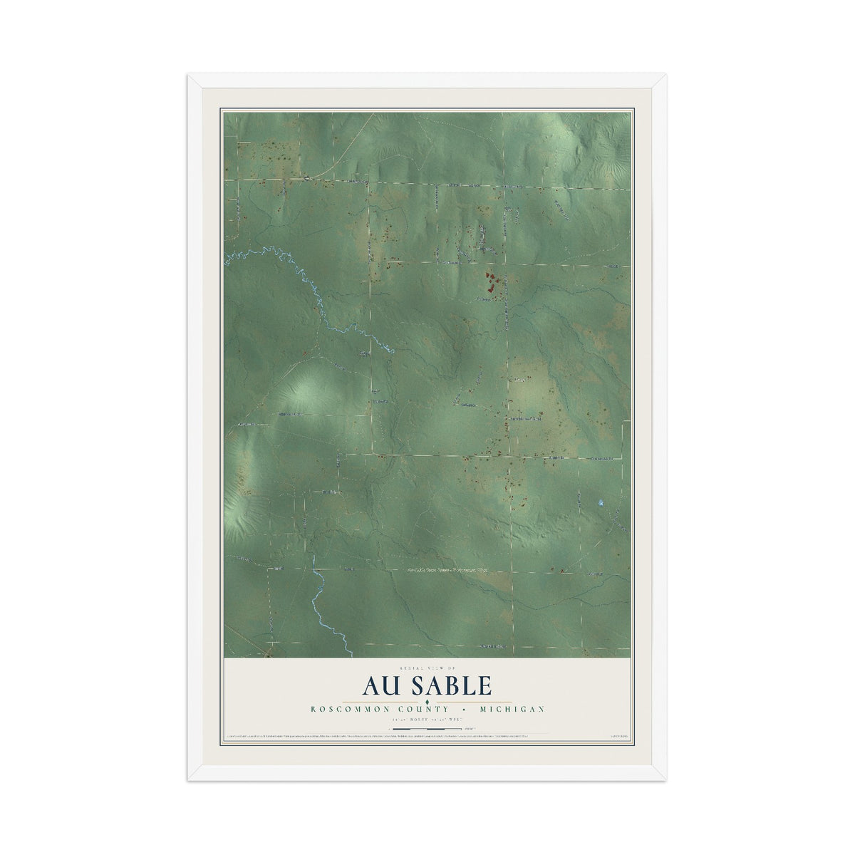 Map of Au Sable, Roscommon County, Michigan, 12 x 18 inch print in a white wood frame