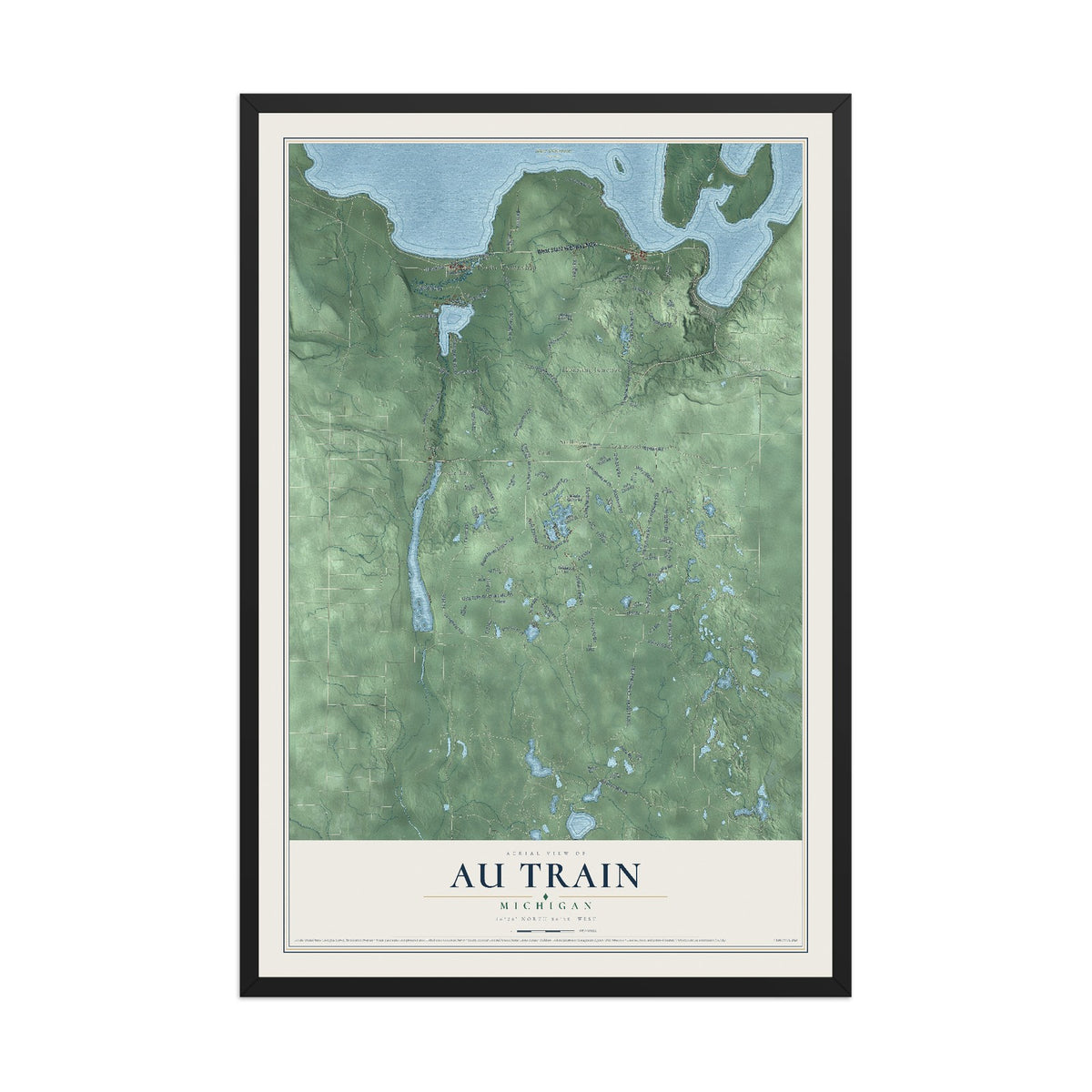 Map of Au Train, Michigan, 12 x 18 inch print in a black wood frame