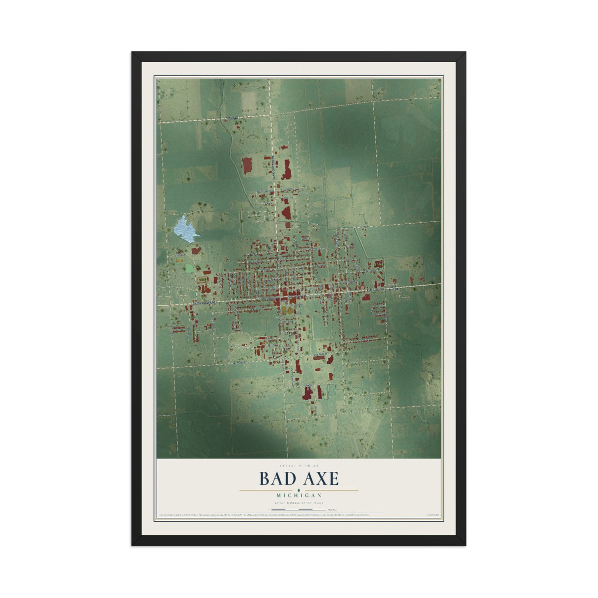 Map of Bad Axe, Michigan, 12 x 18 inch print in a black wood frame