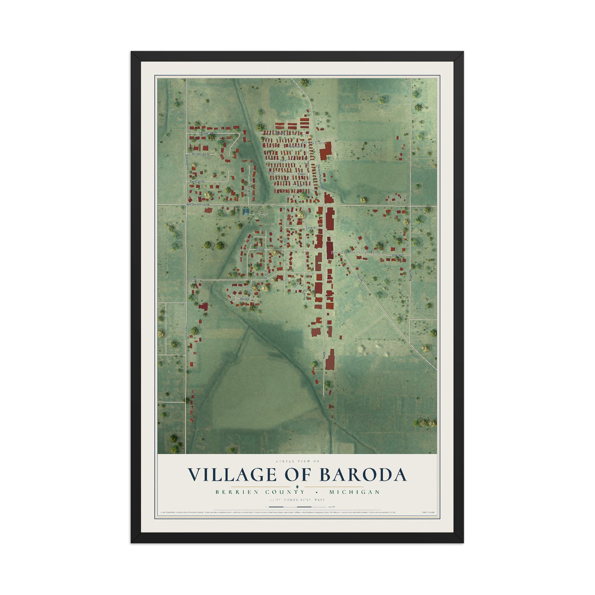 Map of Baroda, Michigan, 12 x 18 inch print in a black wood frame