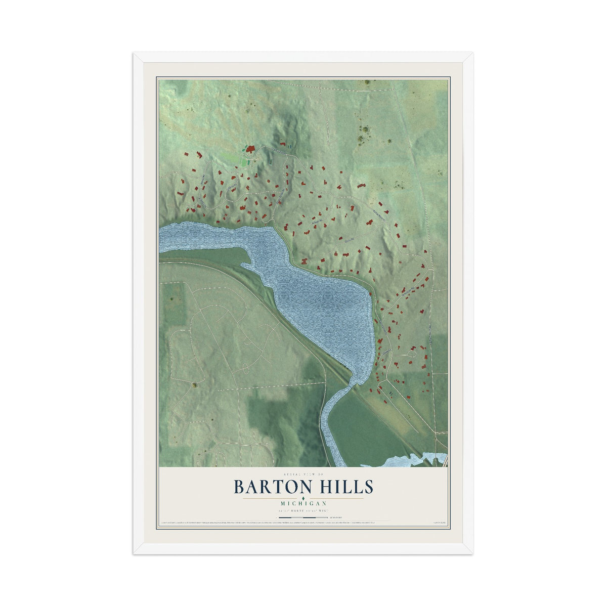 Map of Barton Hills, Michigan, 12 x 18 inch print in a white wood frame