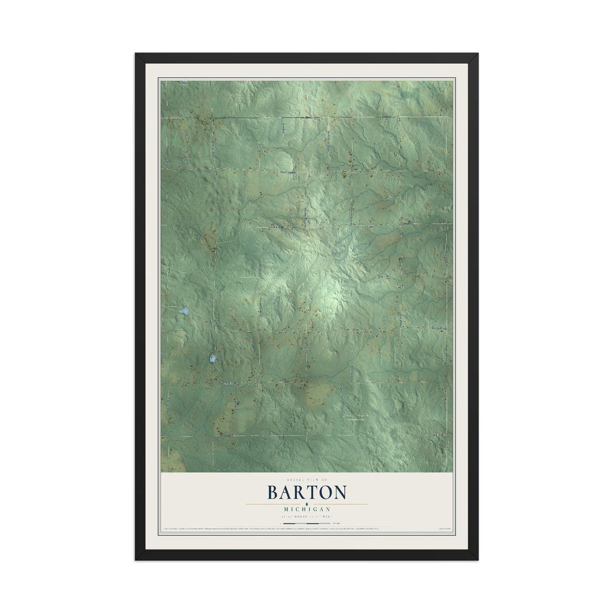 Map of Barton, Michigan, 12 x 18 inch print in a black wood frame