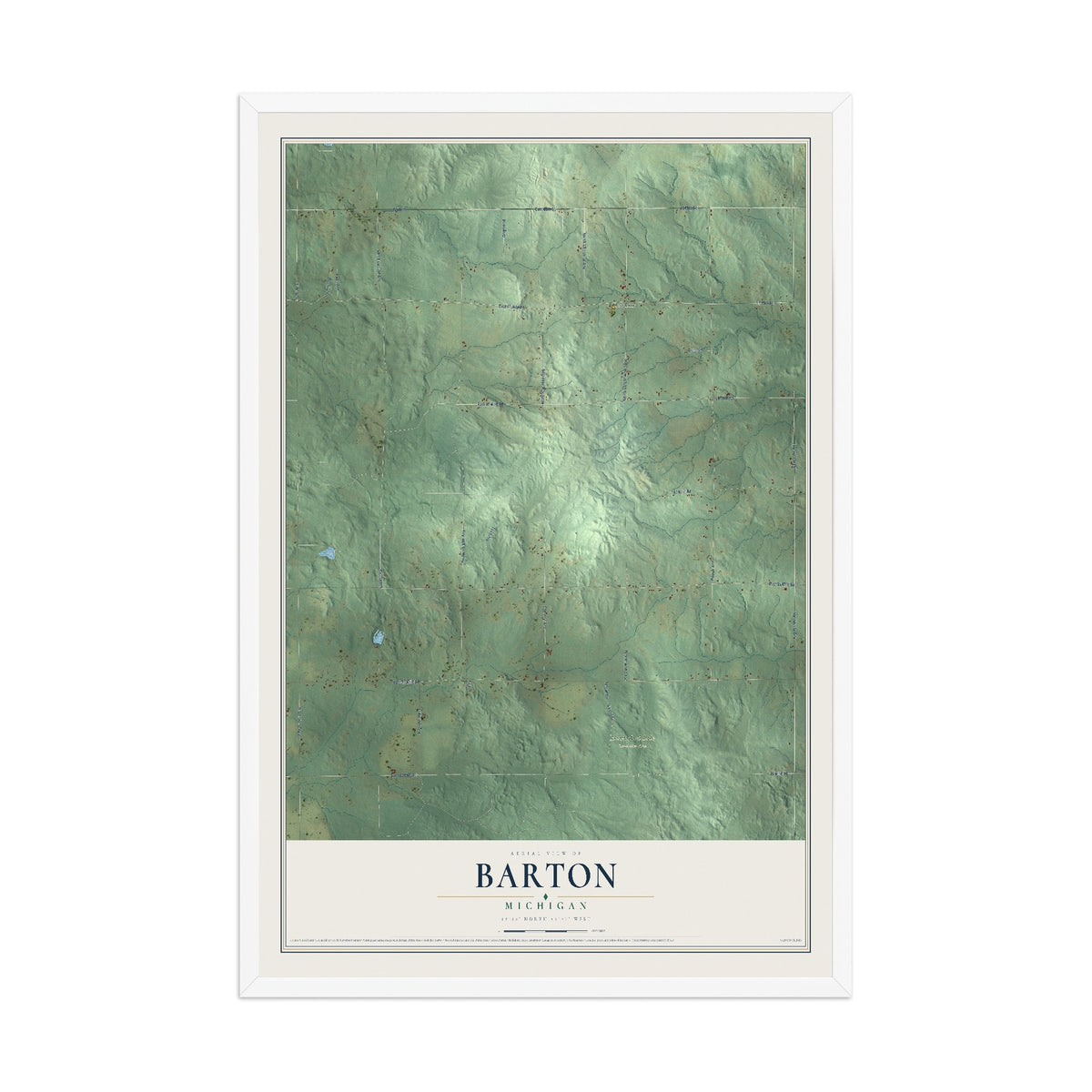 Map of Barton, Michigan, 12 x 18 inch print in a white wood frame