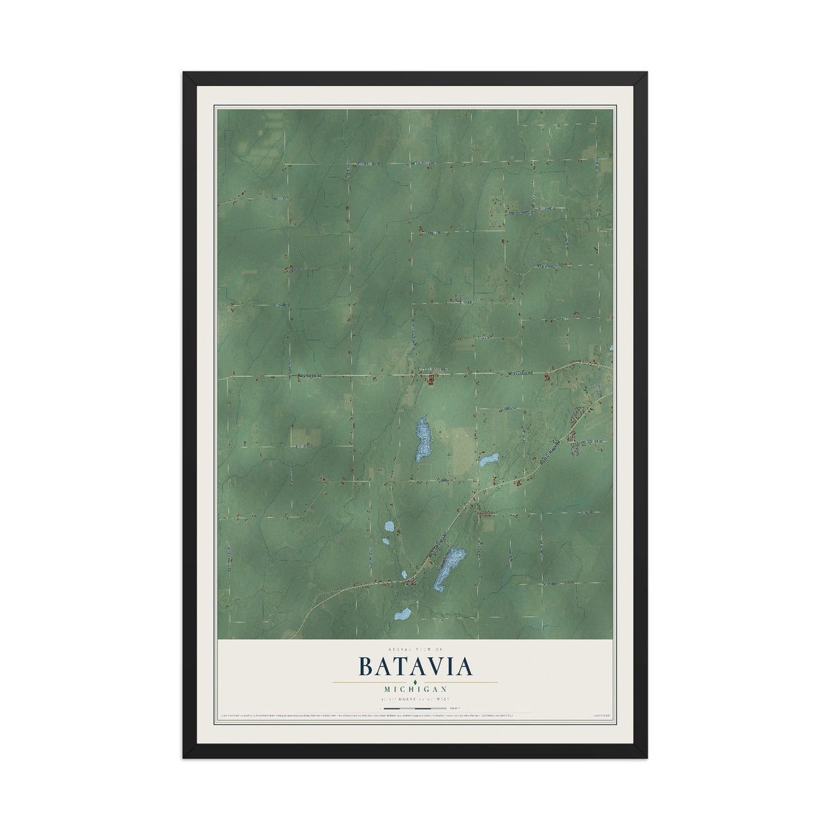 Map of Batavia, Michigan, 12 x 18 inch print in a black wood frame