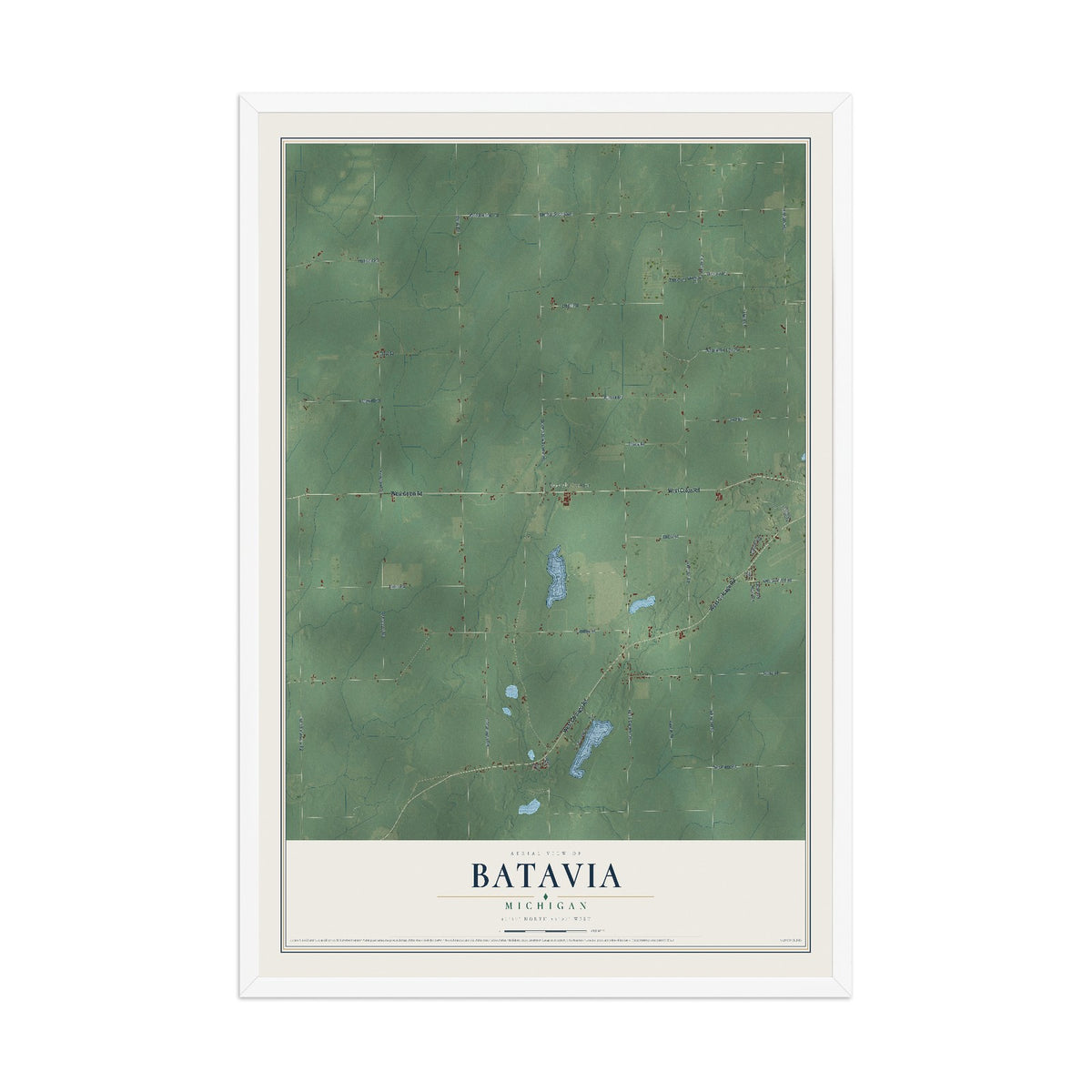 Map of Batavia, Michigan, 12 x 18 inch print in a white wood frame