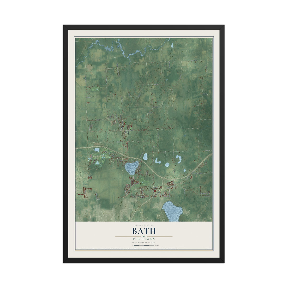 Map of Bath, Michigan, 12 x 18 inch print in a black wood frame