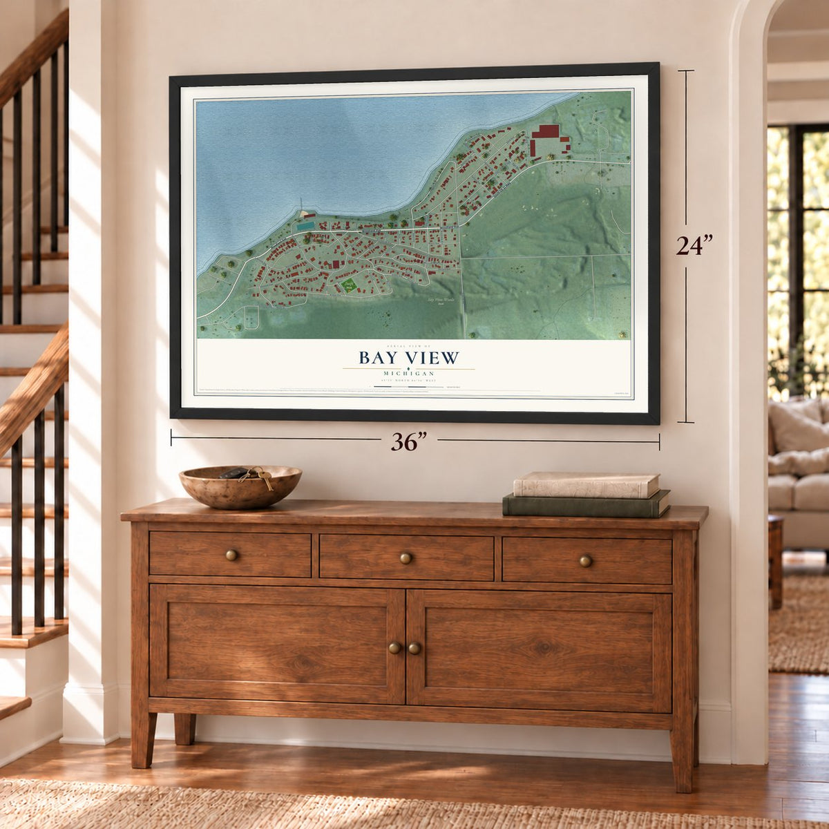 Bay View, Michigan map, 24 x 36 inch print in a black frame above a dresser by a staircase