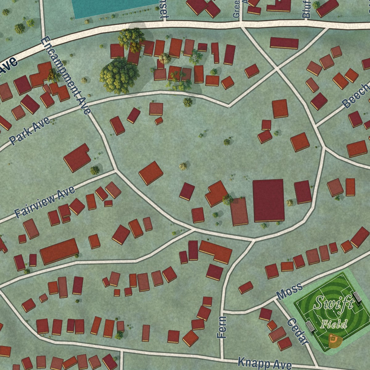 Close-up of the map of Bay View, Michigan print showing street and building detail