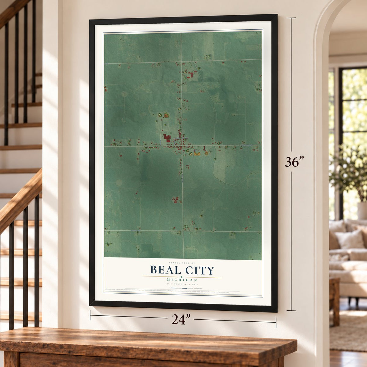 Beal City, Michigan map, 24 x 36 inch print in a black frame by a staircase