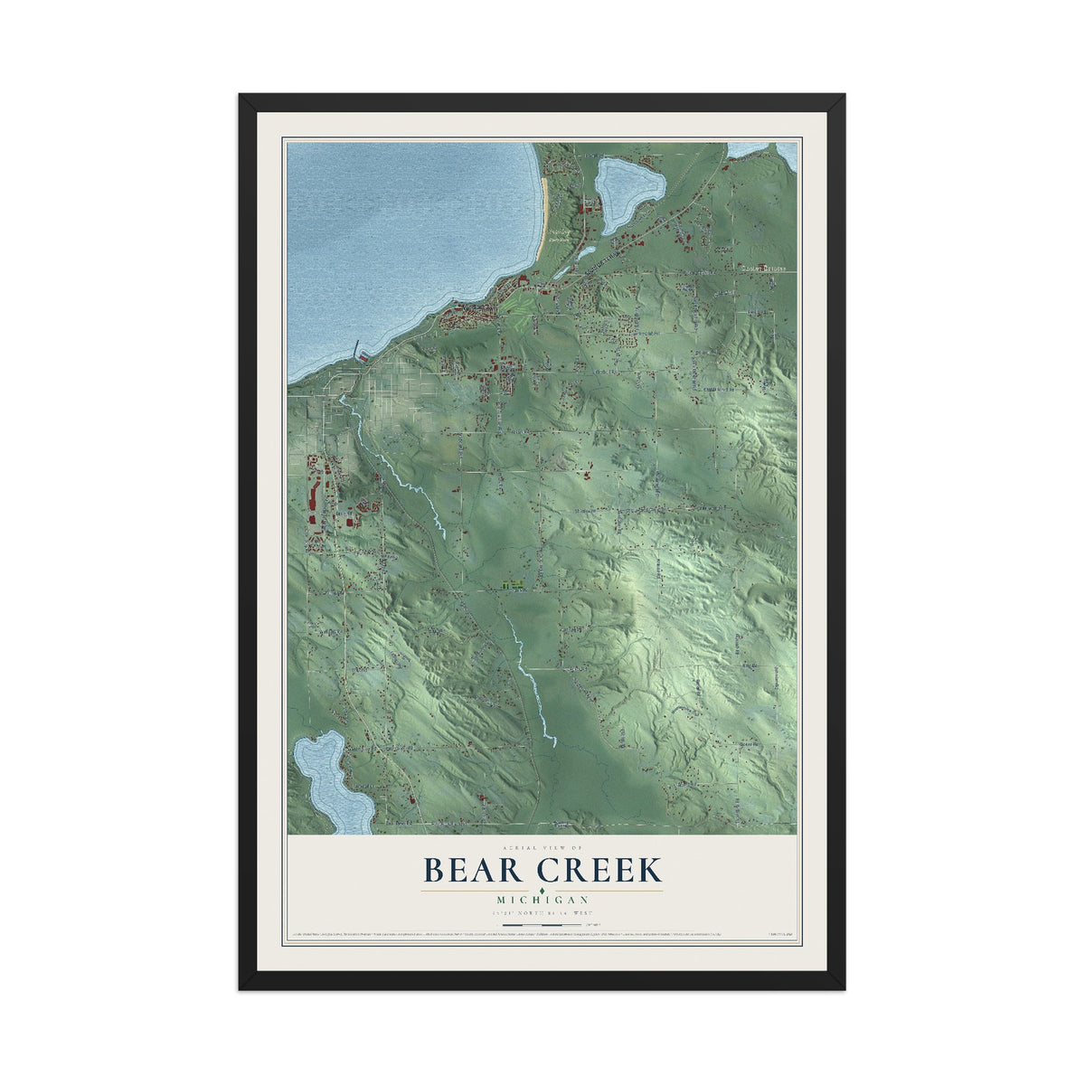 Map of Bear Creek, Michigan, 12 x 18 inch print in a black wood frame