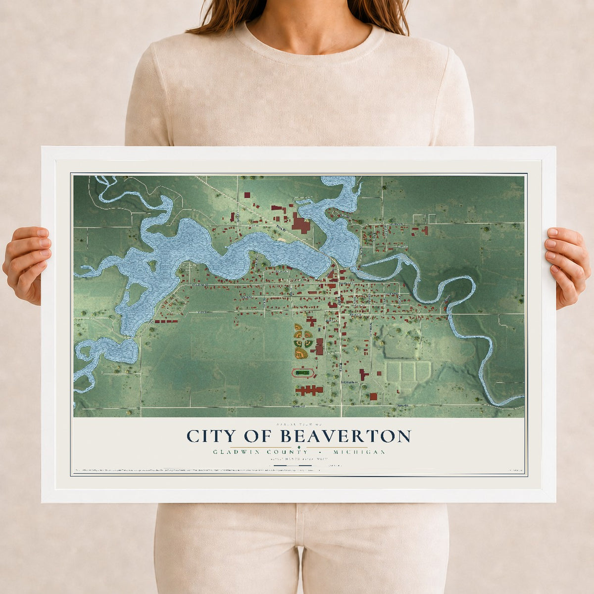 Map of Beaverton, Michigan, 12 x 18 inch print in a white wood frame