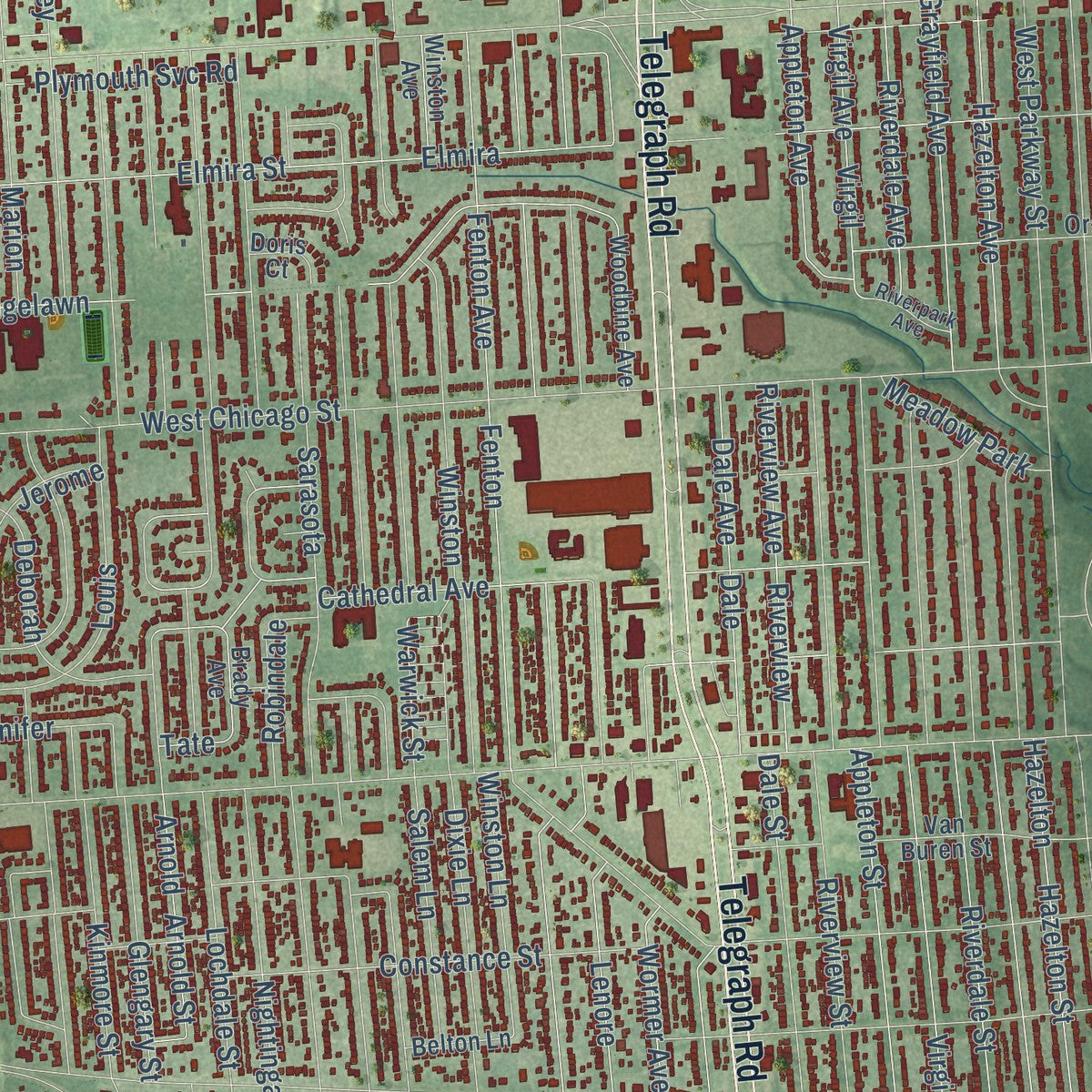 Close-up of the map of Beech, Michigan print showing street and building detail