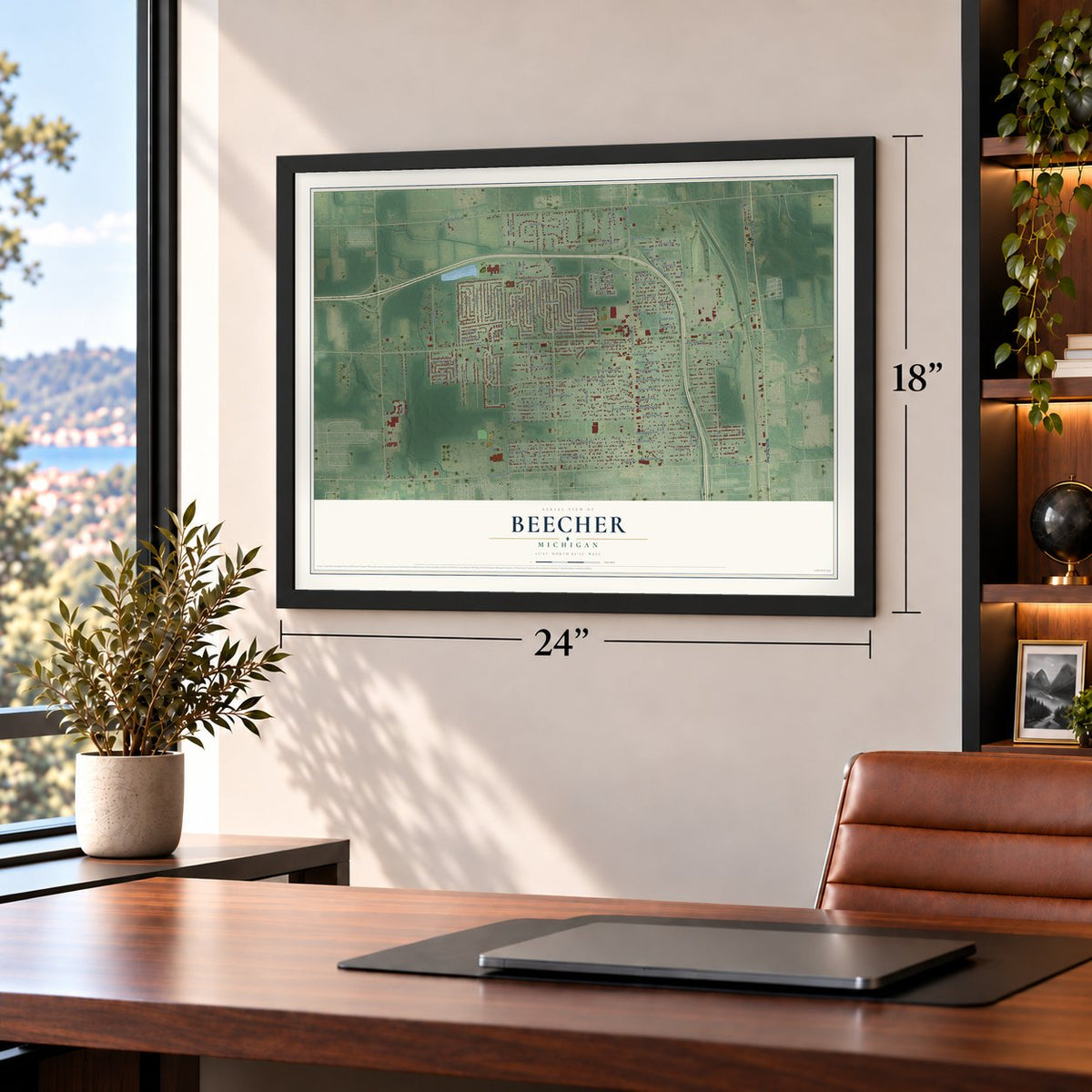 Beecher, Michigan map, 18 x 24 inch print in a black frame in a home office