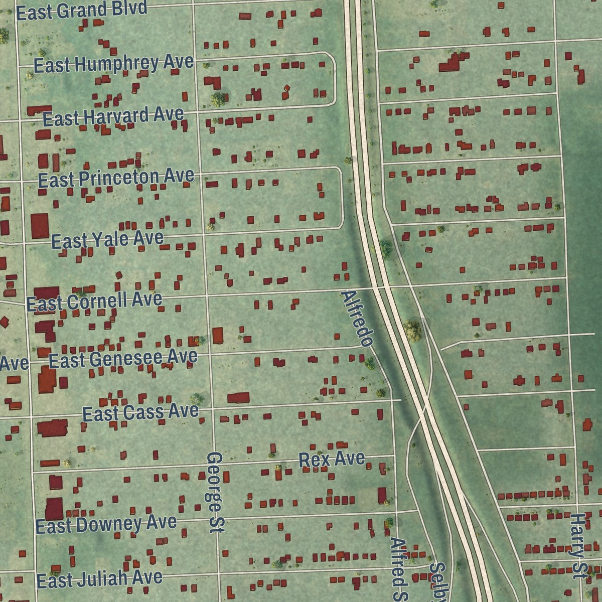 Close-up of the map of Beecher, Michigan print showing street and building detail