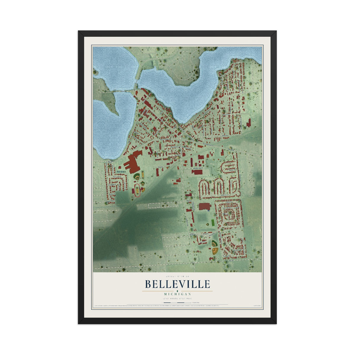 Map of Belleville, Michigan, 12 x 18 inch print in a black wood frame