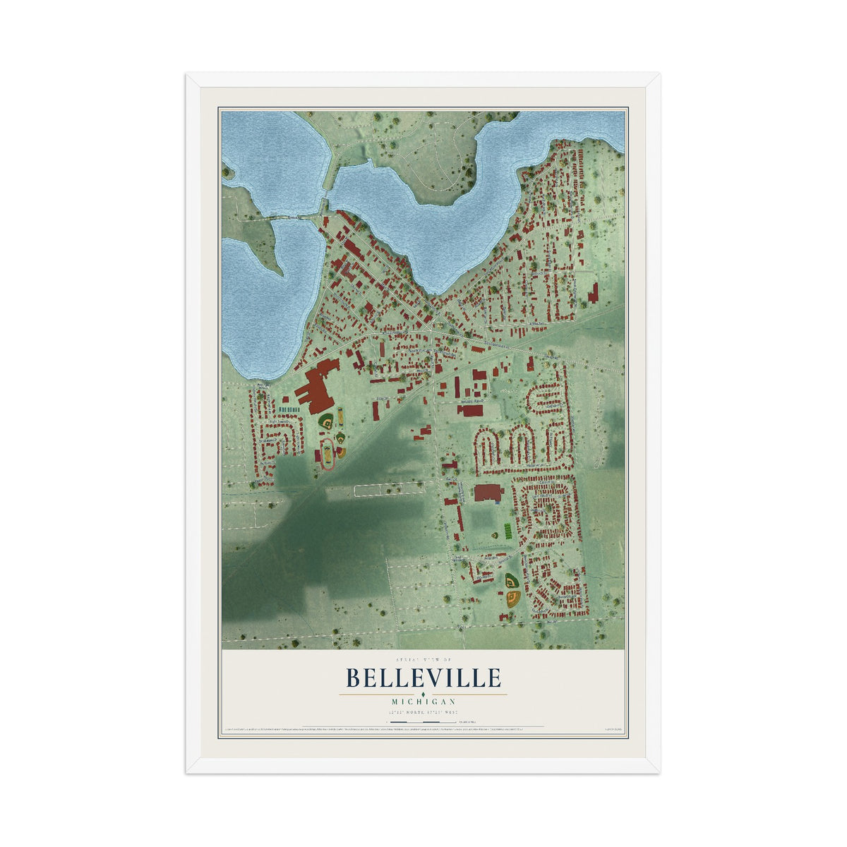 Map of Belleville, Michigan, 12 x 18 inch print in a white wood frame