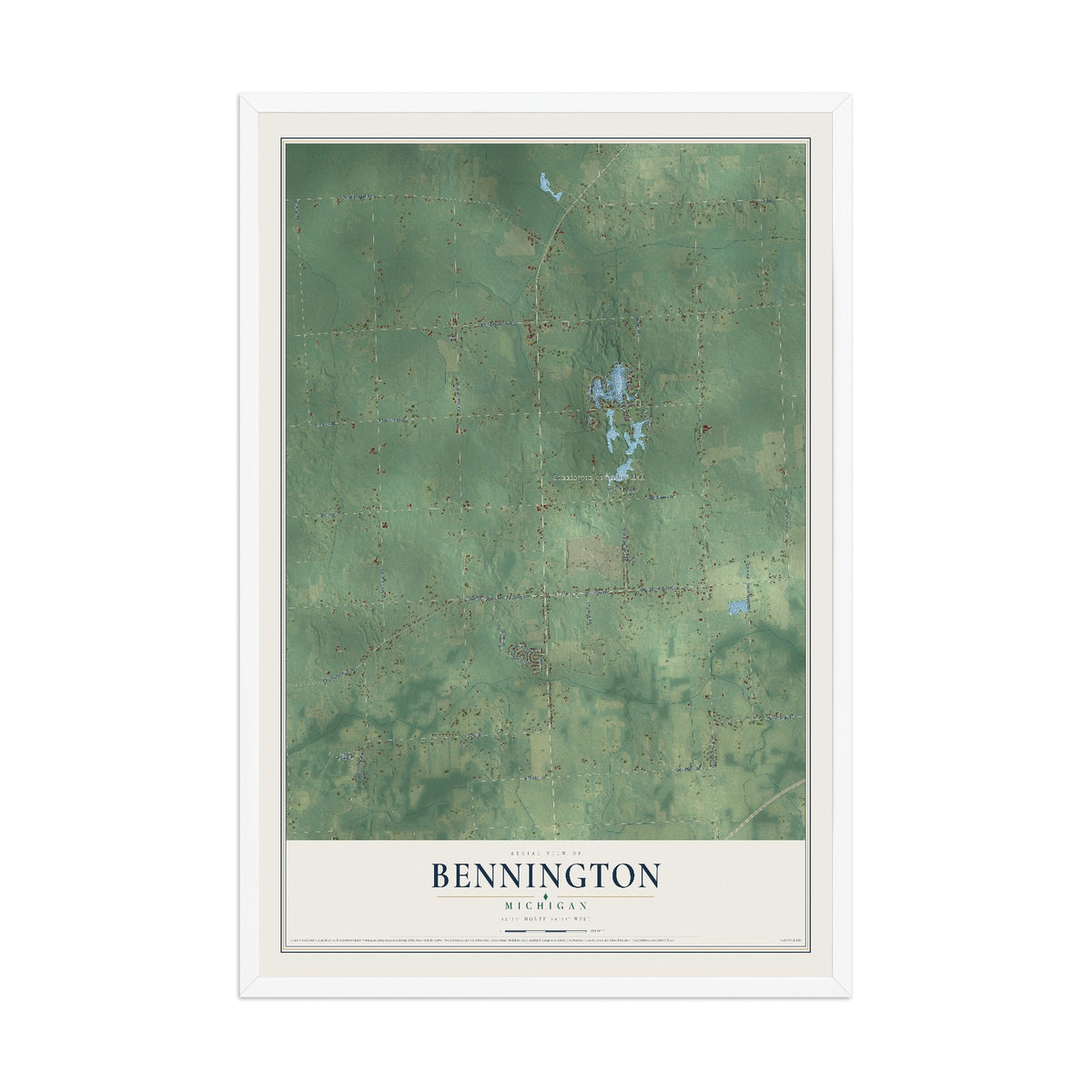 Map of Bennington, Michigan, 12 x 18 inch print in a white wood frame