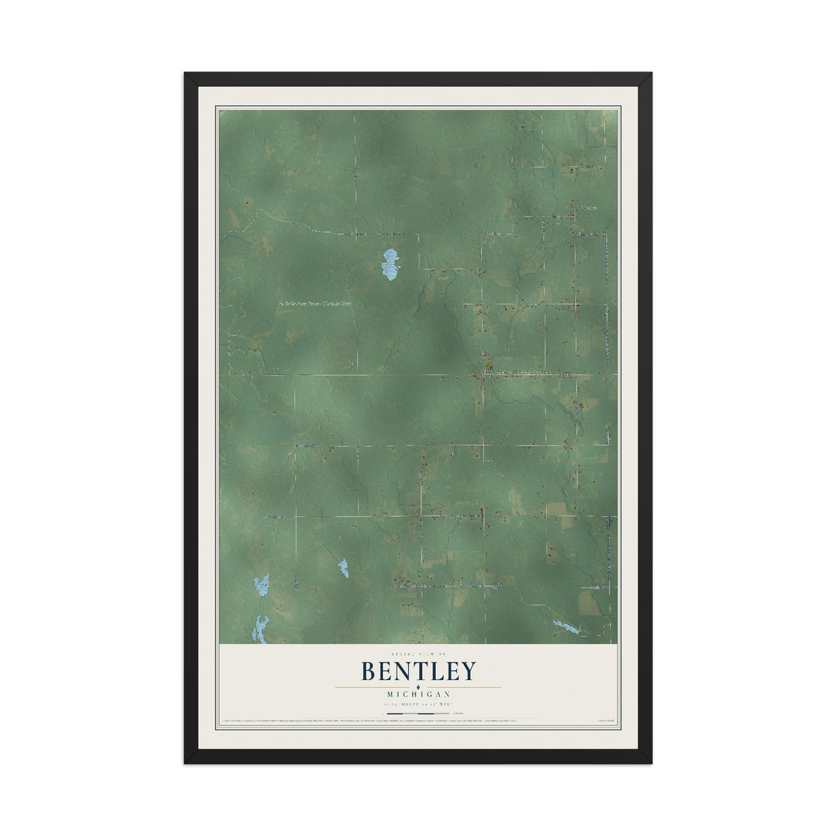 Map of Bentley, Michigan, 12 x 18 inch print in a black wood frame