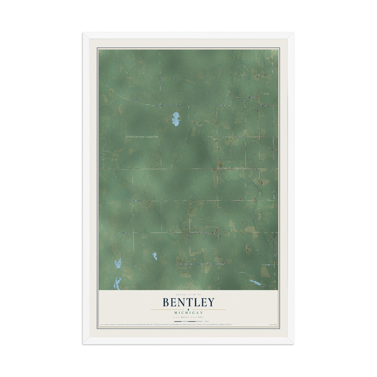 Map of Bentley, Michigan, 12 x 18 inch print in a white wood frame