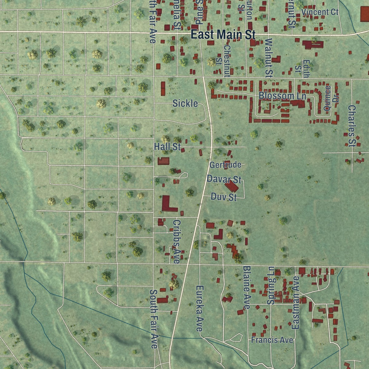 Close-up of the map of Benton Heights, Michigan print showing street and building detail