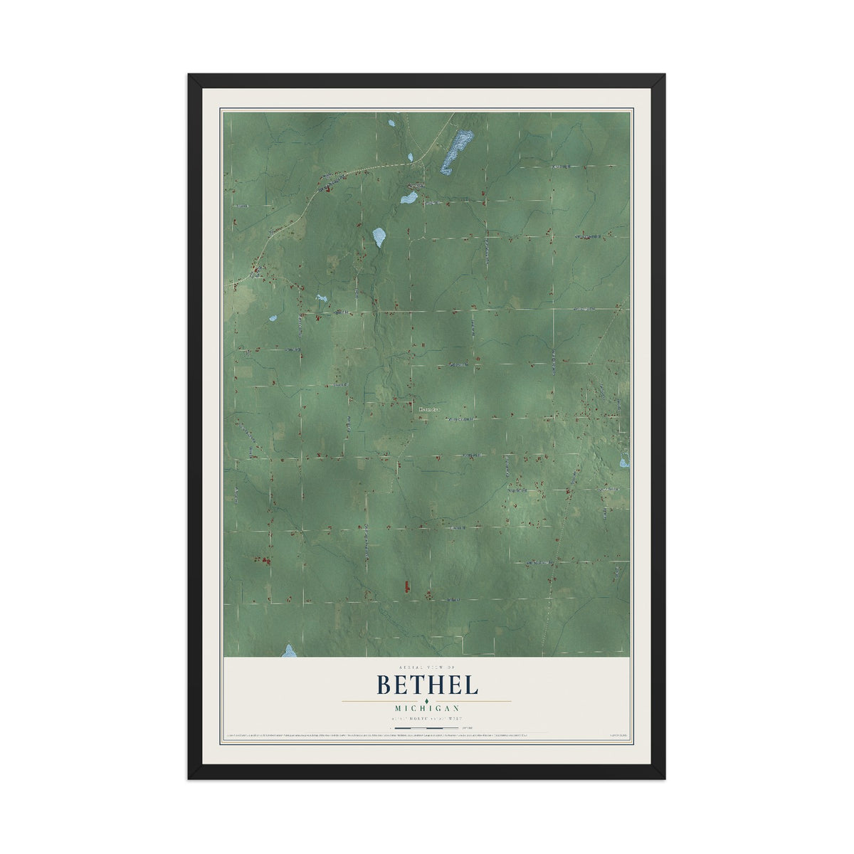 Map of Bethel, Michigan, 12 x 18 inch print in a black wood frame