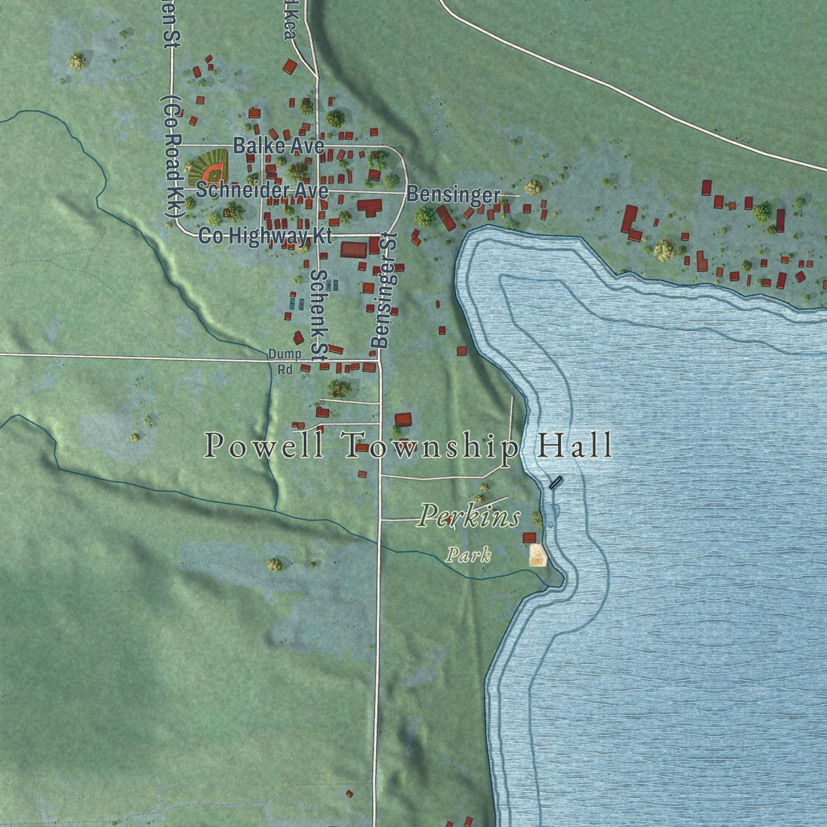Close-up of the map of Big Bay, Michigan print showing street and building detail