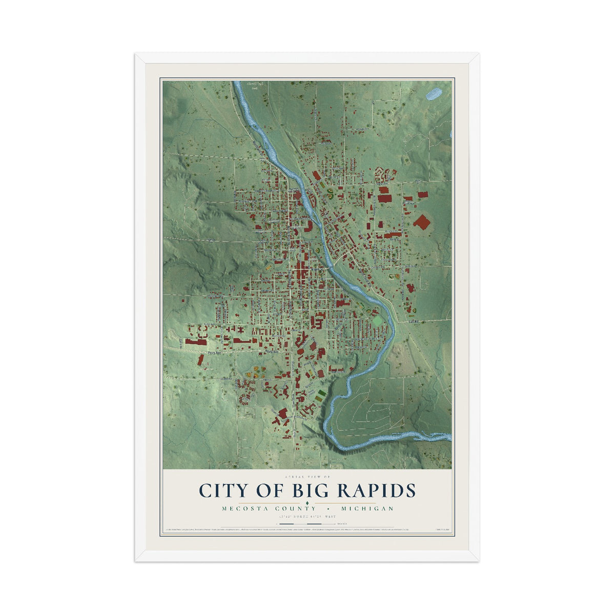 Map of Big Rapids, Michigan, 12 x 18 inch print in a white wood frame