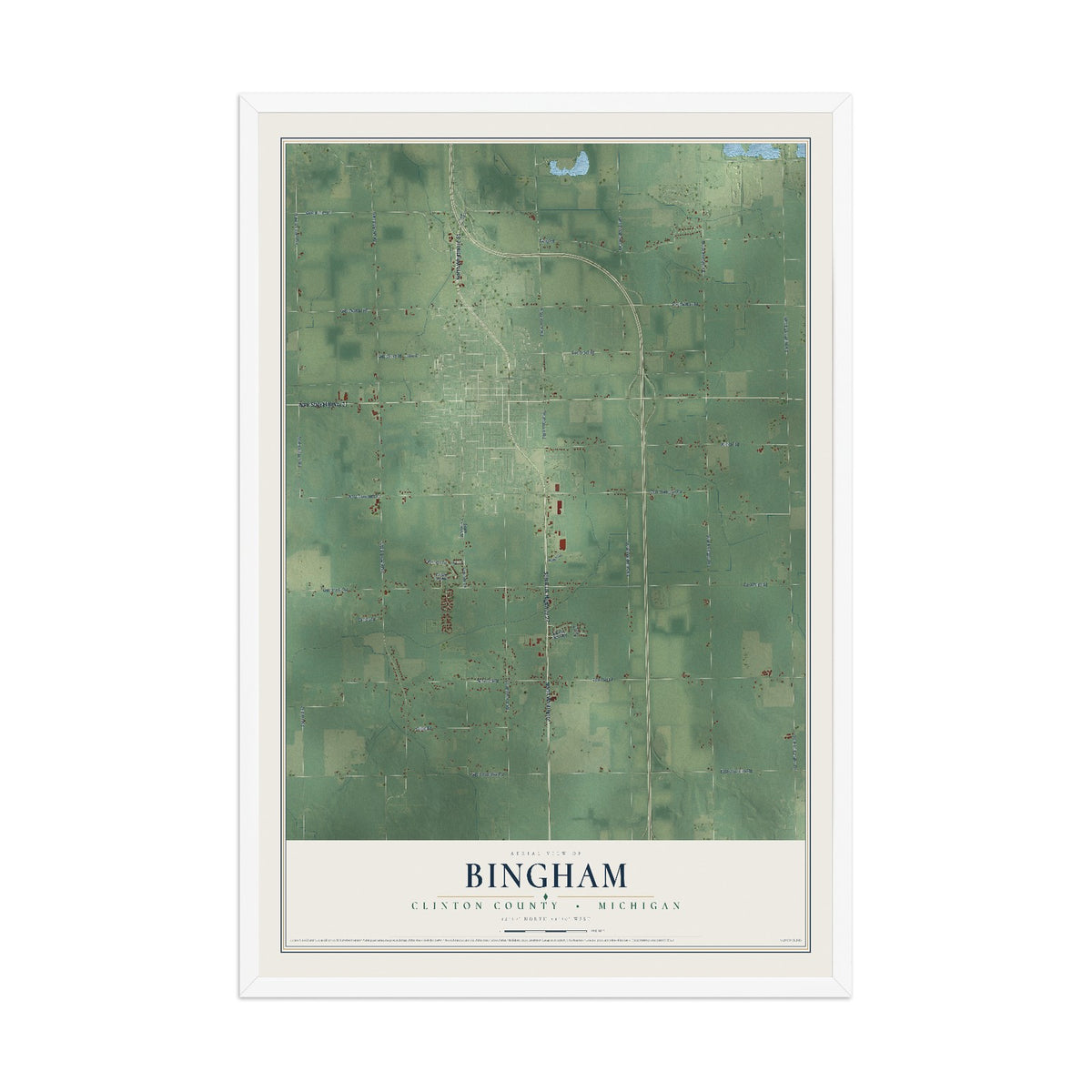 Map of Bingham, Clinton County, Michigan, 12 x 18 inch print in a white wood frame