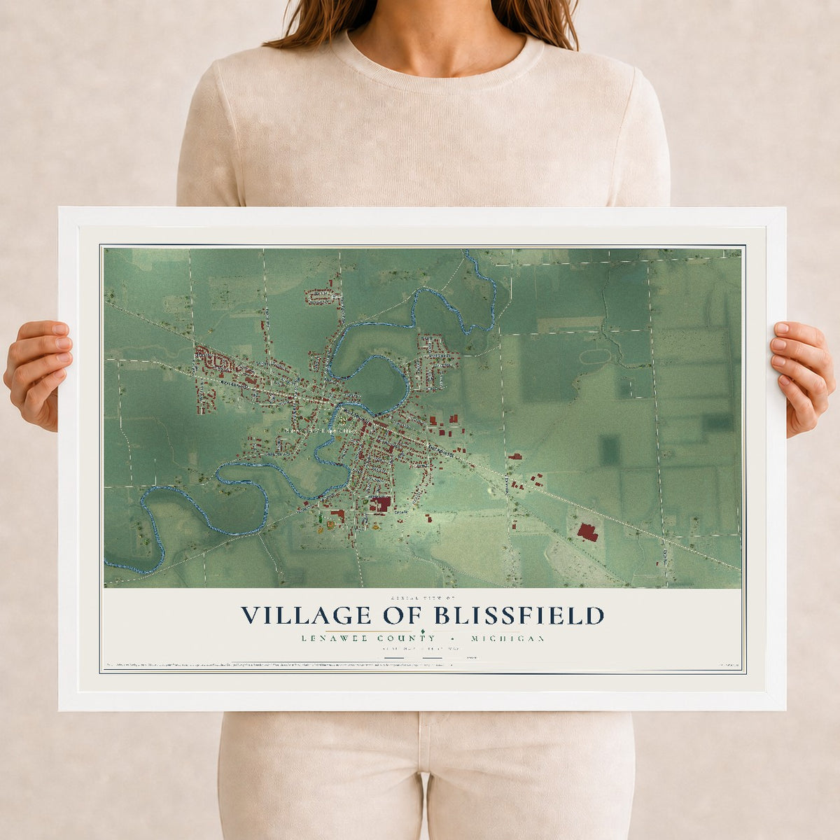 Map of Blissfield, Michigan, 12 x 18 inch print in a white wood frame