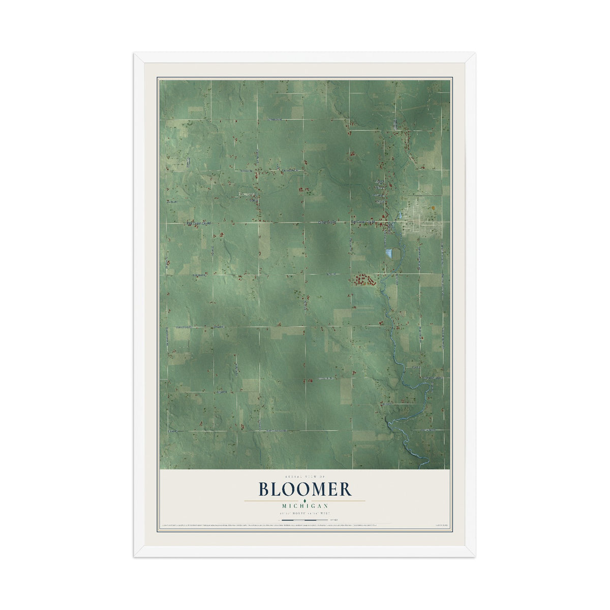 Map of Bloomer, Michigan, 12 x 18 inch print in a white wood frame