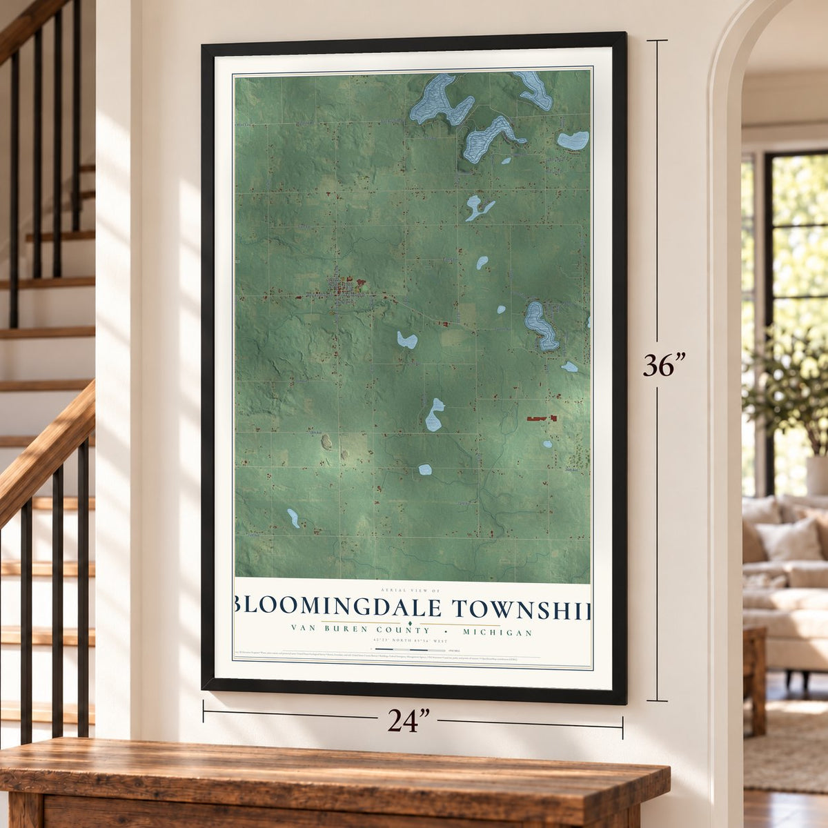 Bloomingdale Township, Michigan map, 24 x 36 inch print in a black frame by a staircase