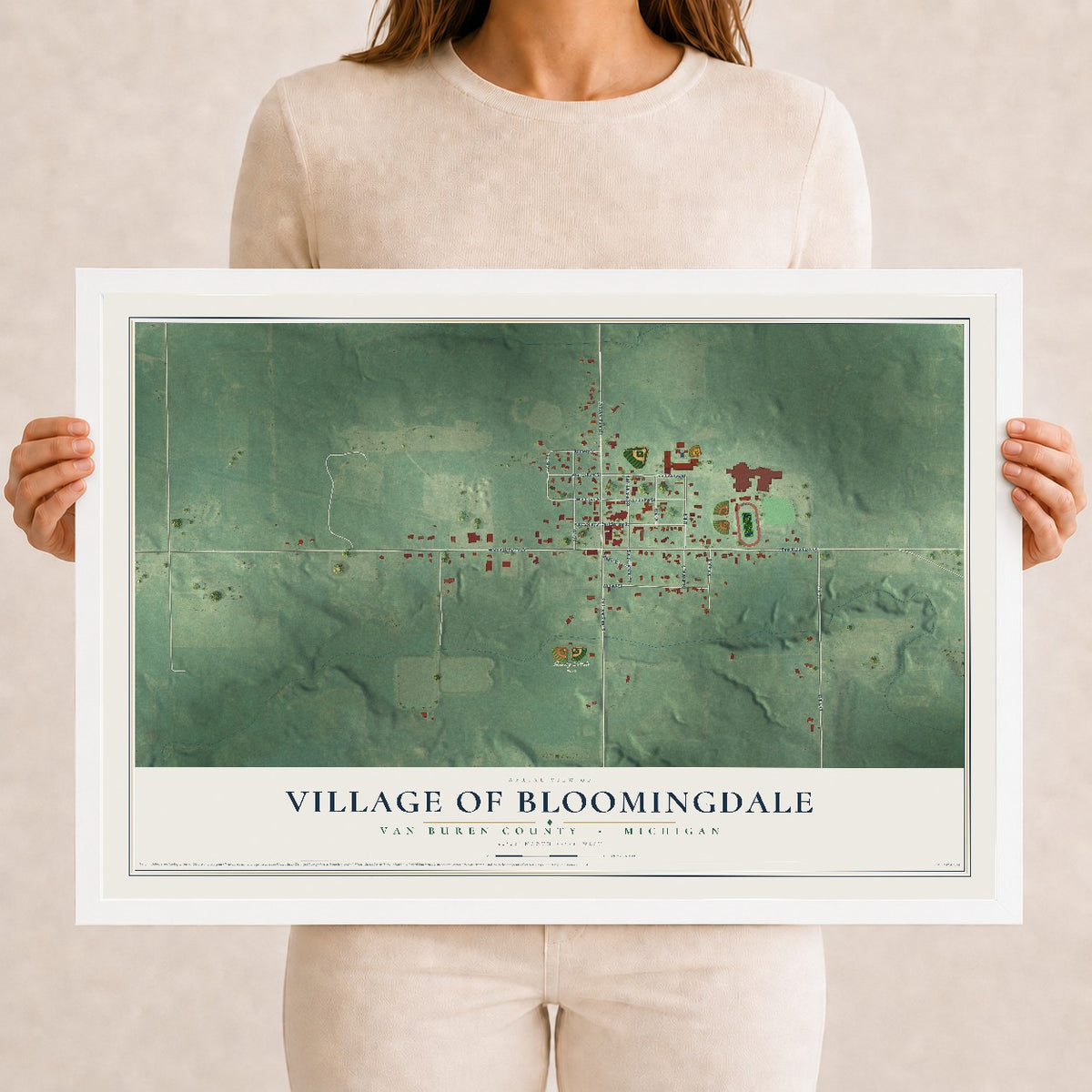 Map of Bloomingdale, Michigan, 12 x 18 inch print in a white wood frame