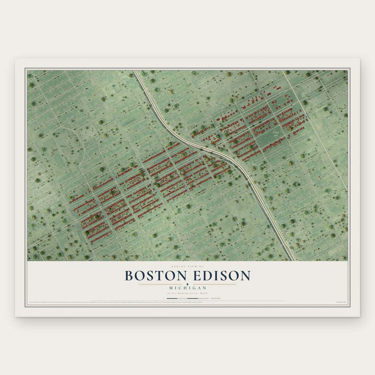 Boston Edison, Michigan map print, the full design