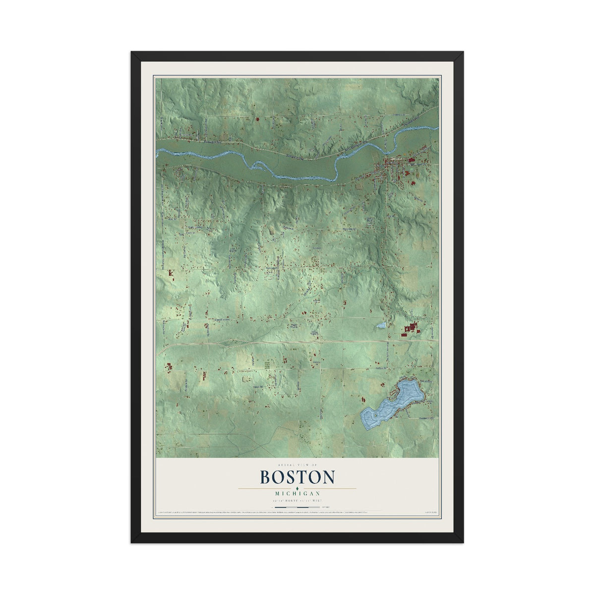 Map of Boston, Michigan, 12 x 18 inch print in a black wood frame