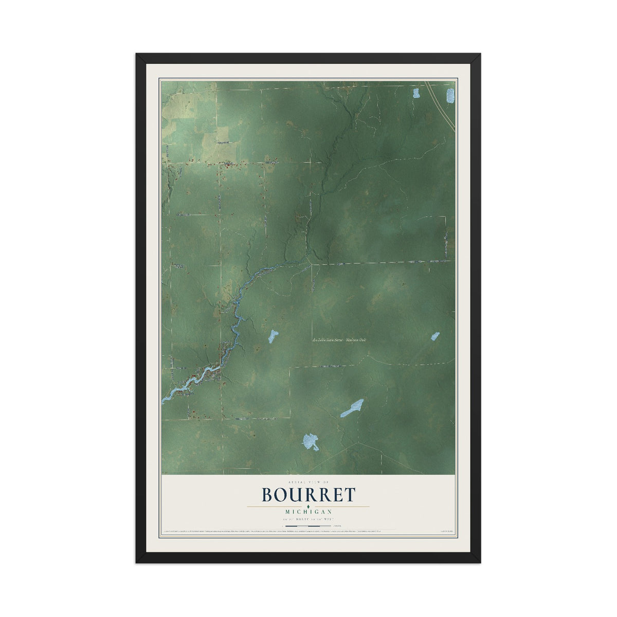 Map of Bourret, Michigan, 12 x 18 inch print in a black wood frame