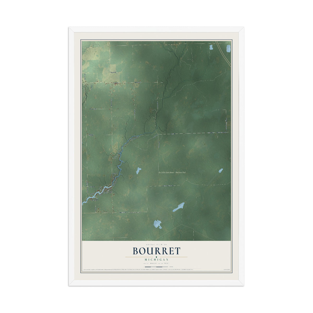 Map of Bourret, Michigan, 12 x 18 inch print in a white wood frame