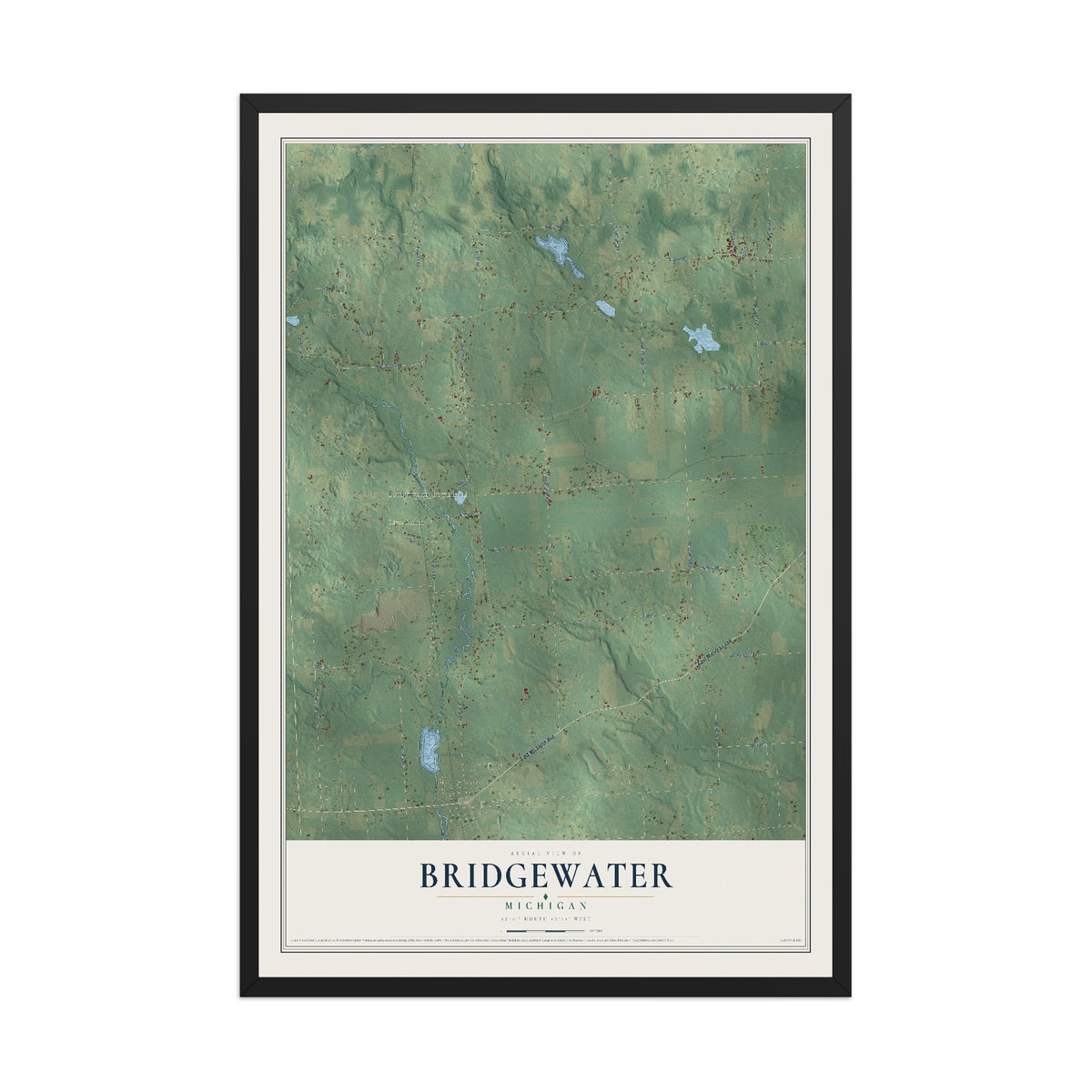 Map of Bridgewater, Michigan, 12 x 18 inch print in a black wood frame