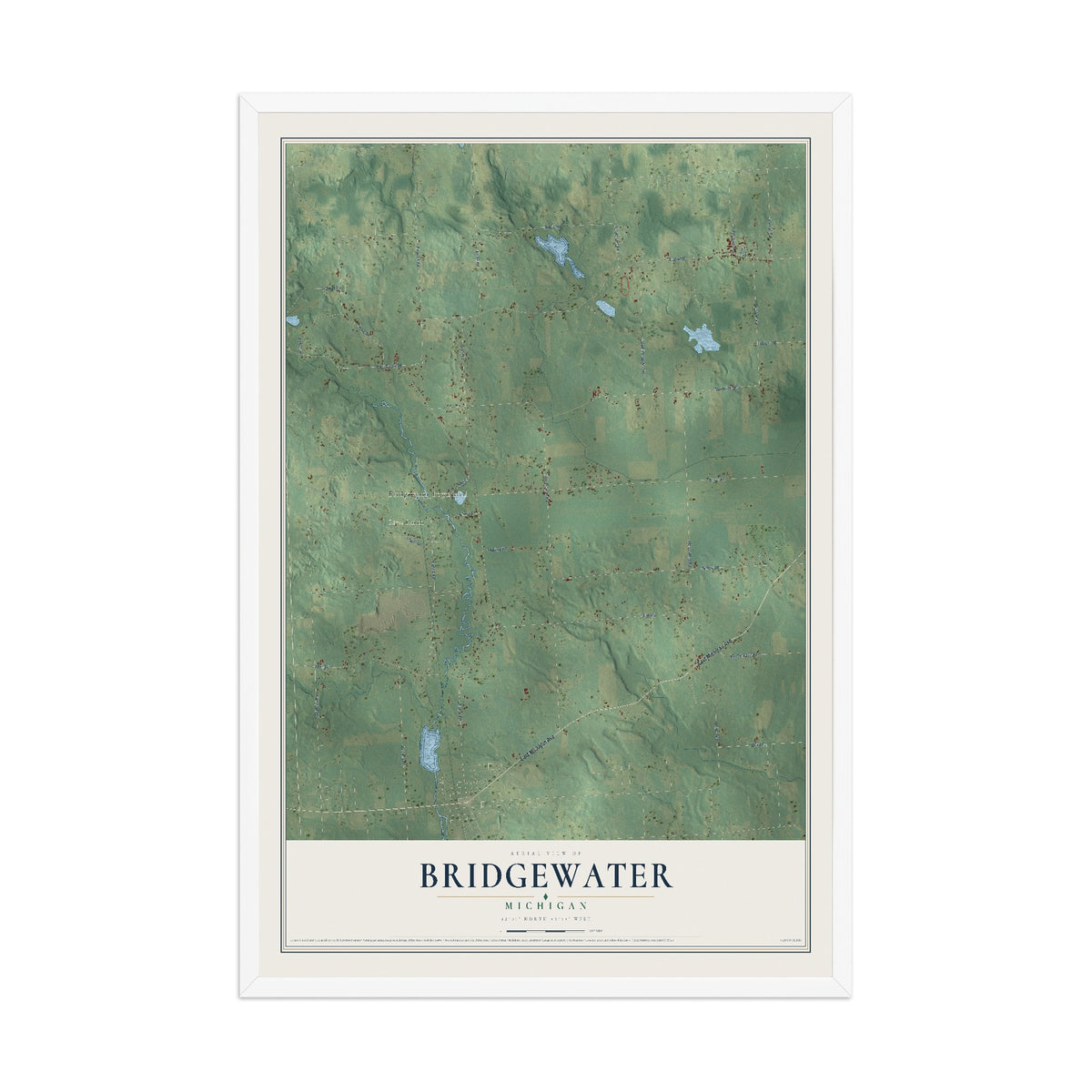 Map of Bridgewater, Michigan, 12 x 18 inch print in a white wood frame