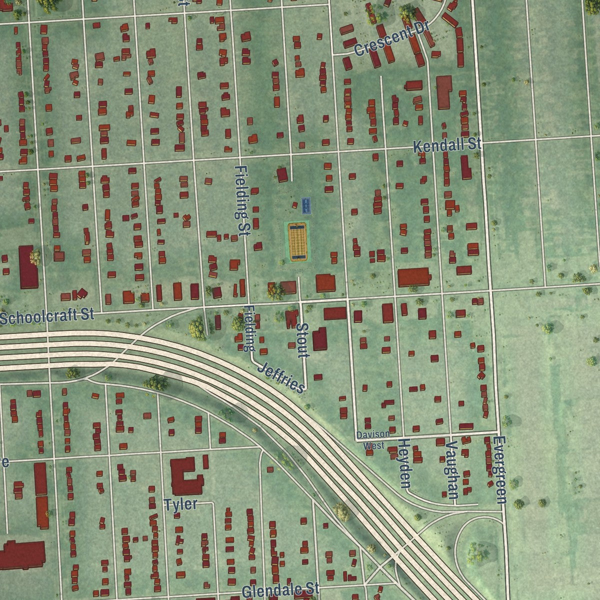 Close-up of the map of Brightmoor, Michigan print showing street and building detail